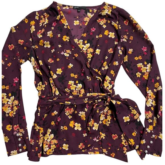 Gibson Blouse Floral Faux Wrap Top Long Sleeve Womens Size XS Purple WDP6629R - Picture 1 of 10
